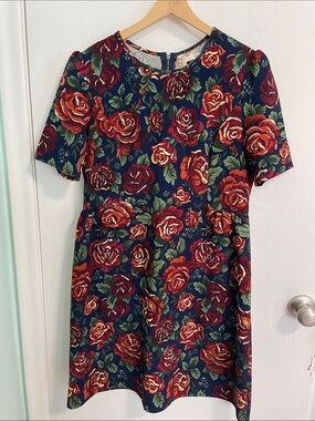 Paper Plane London Navy Floral Dress with Red Rose Print